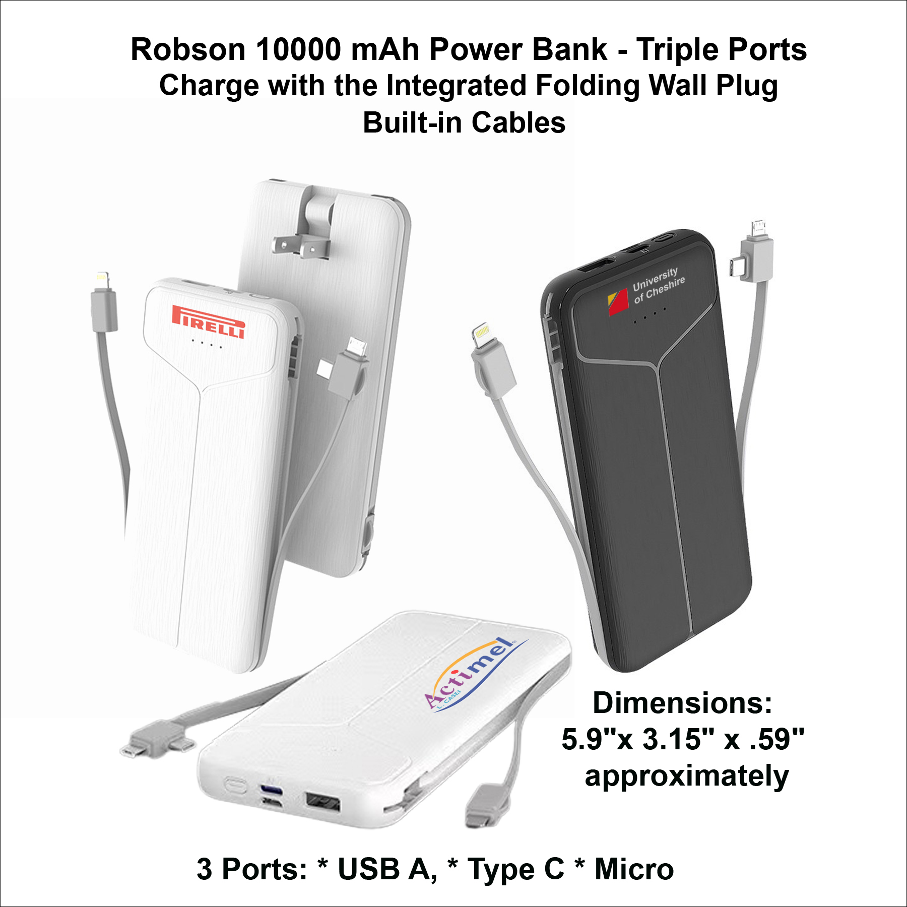 Robson 10000 mAh Power Bank - Triple Ports, Integrated Wall Plug, Built in Cables 1