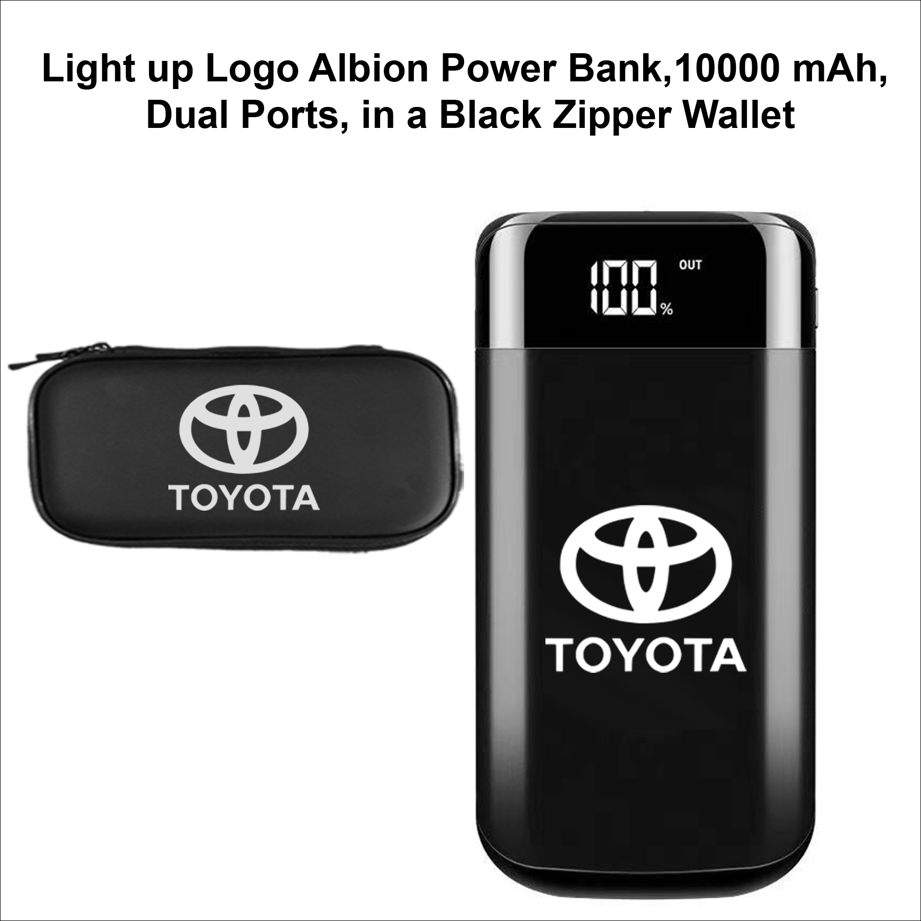 Light Up Logo Power Bank, Albion 10000 mAh, Dual Portin a black zipper wallet.