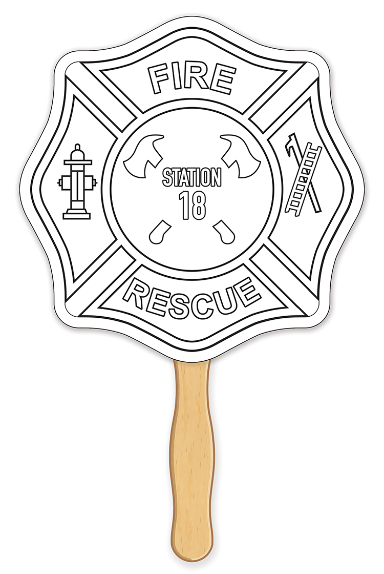 HAND FANS - Coloring Fan, Fire Badge Shape 2