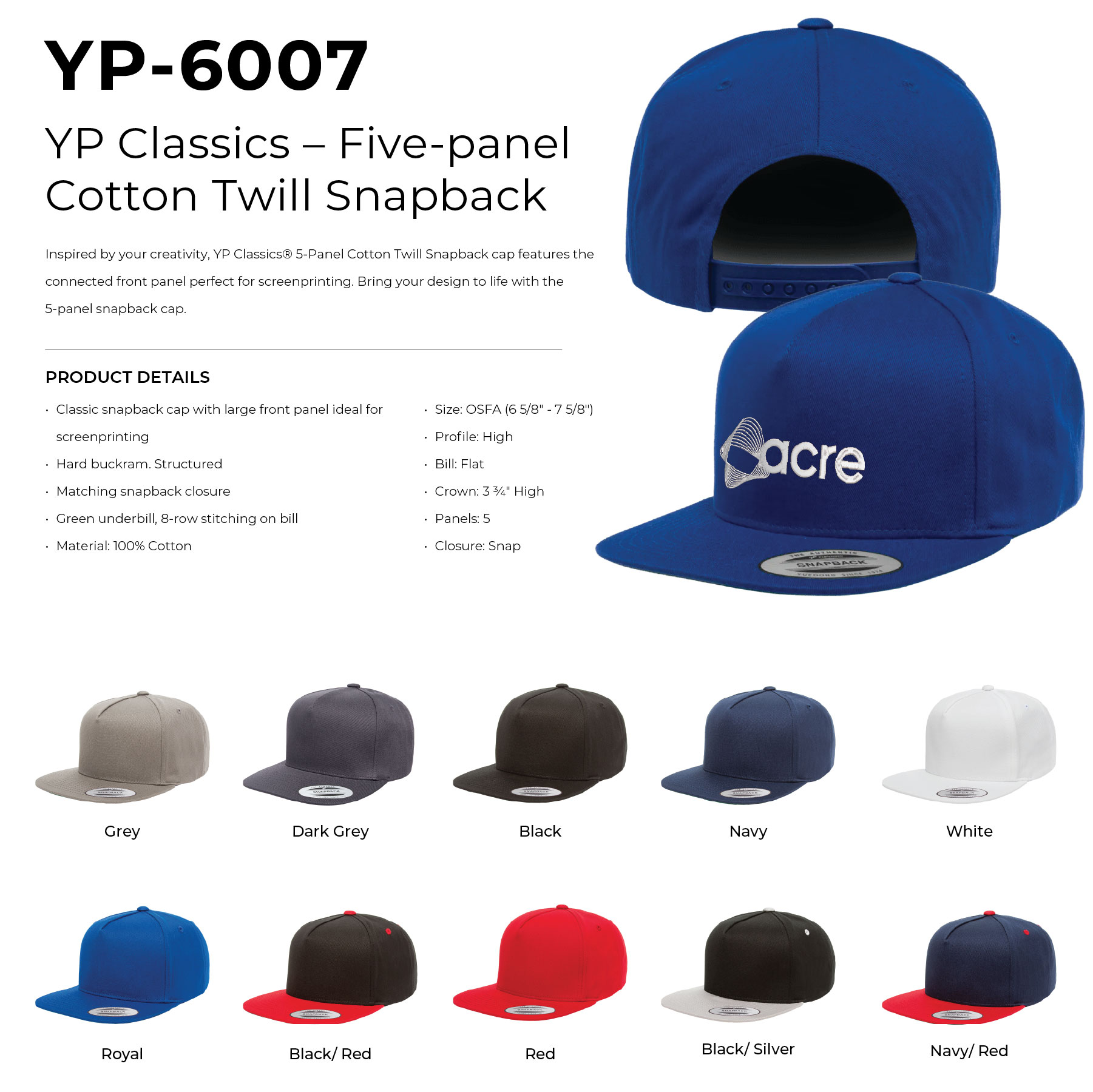 YP Classics 6007 – Five-panel Cotton Twill Snapback with Leatherette Patches or Embroidery 5