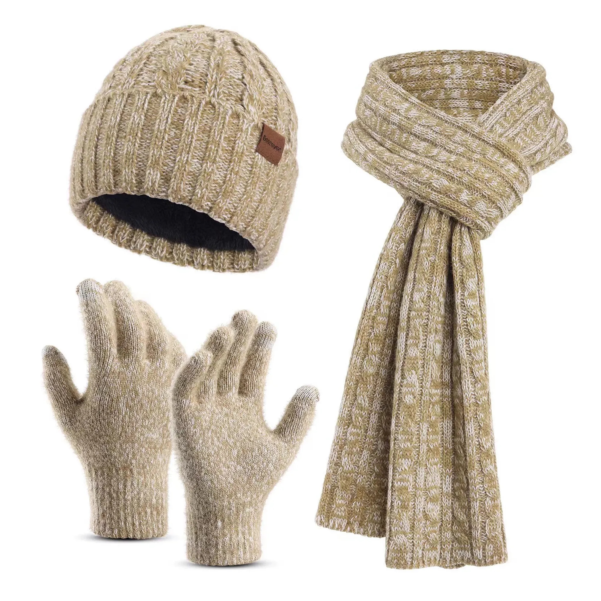 Winter Knit Warm Hat Scarf Touch Screen Gloves Set MOQ100 4