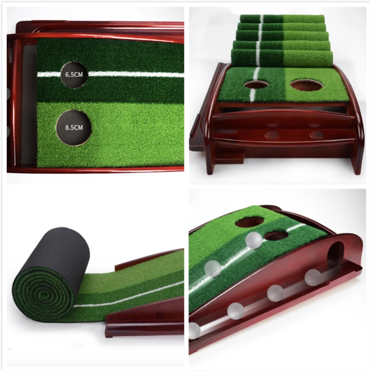 Wood Indoor Golf Putting Mat Green with Ball Return 3