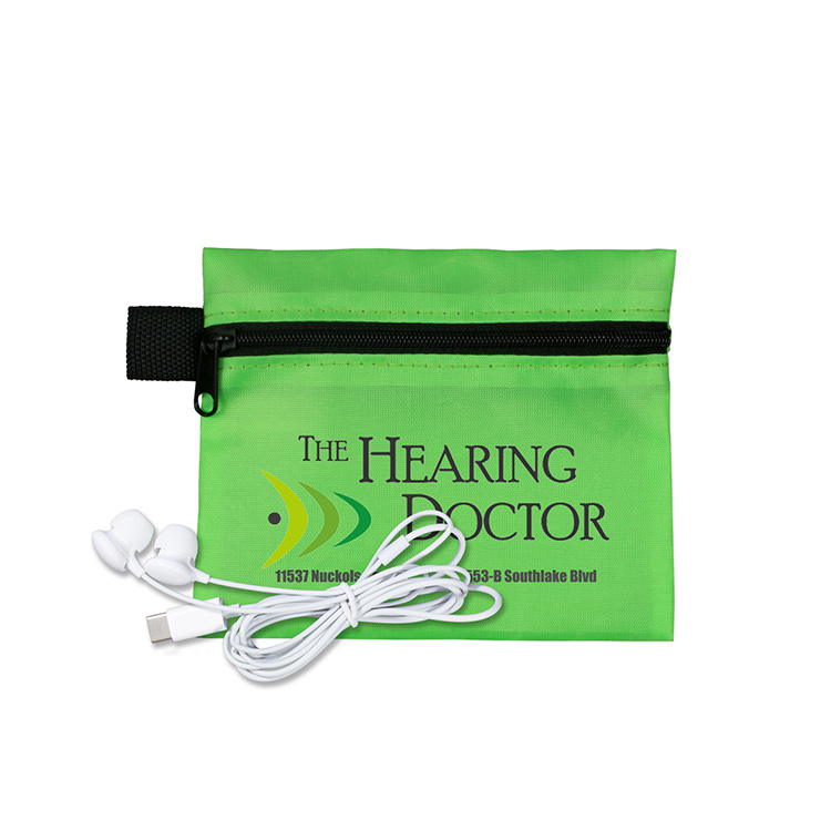Mobile Tech Earbud Kit In Zipper Pouch Components inserted into Polyester Zipper Pouch 13