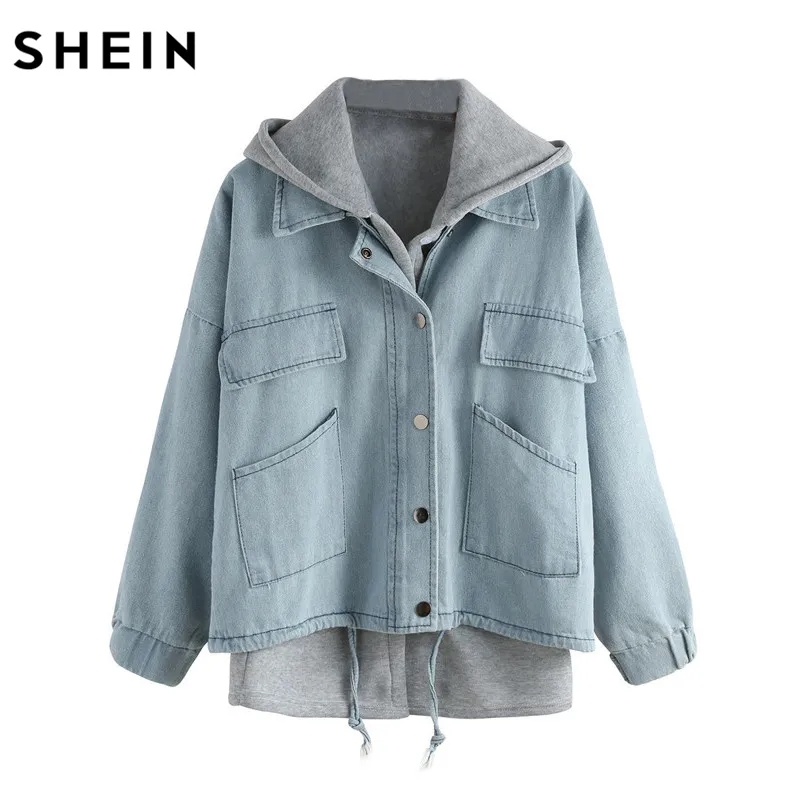 Blue Hooded Denim Two Piece Coat with Drawstring and Pockets 3