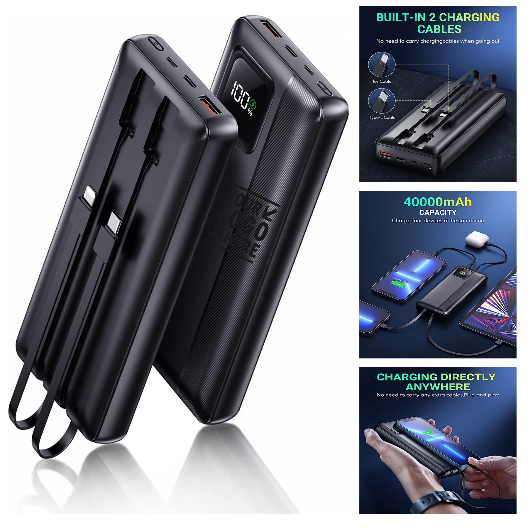 40000mAh Support PD 30W  QC4.0 Fast Built-in 2 Output Cable LED Display Phone Charger Power Bank