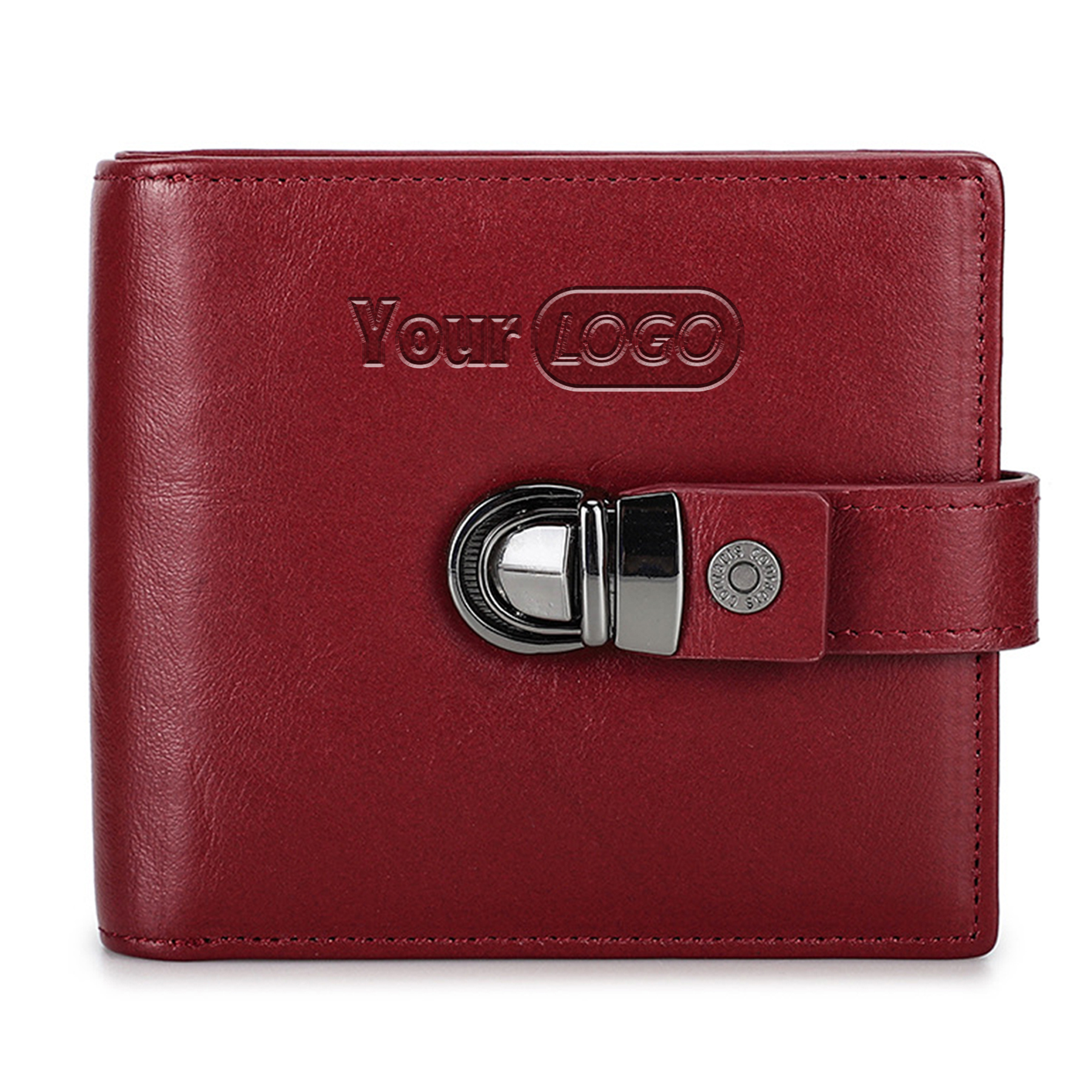 Leather RFID Small Square Buckle Wallet Women Red 2