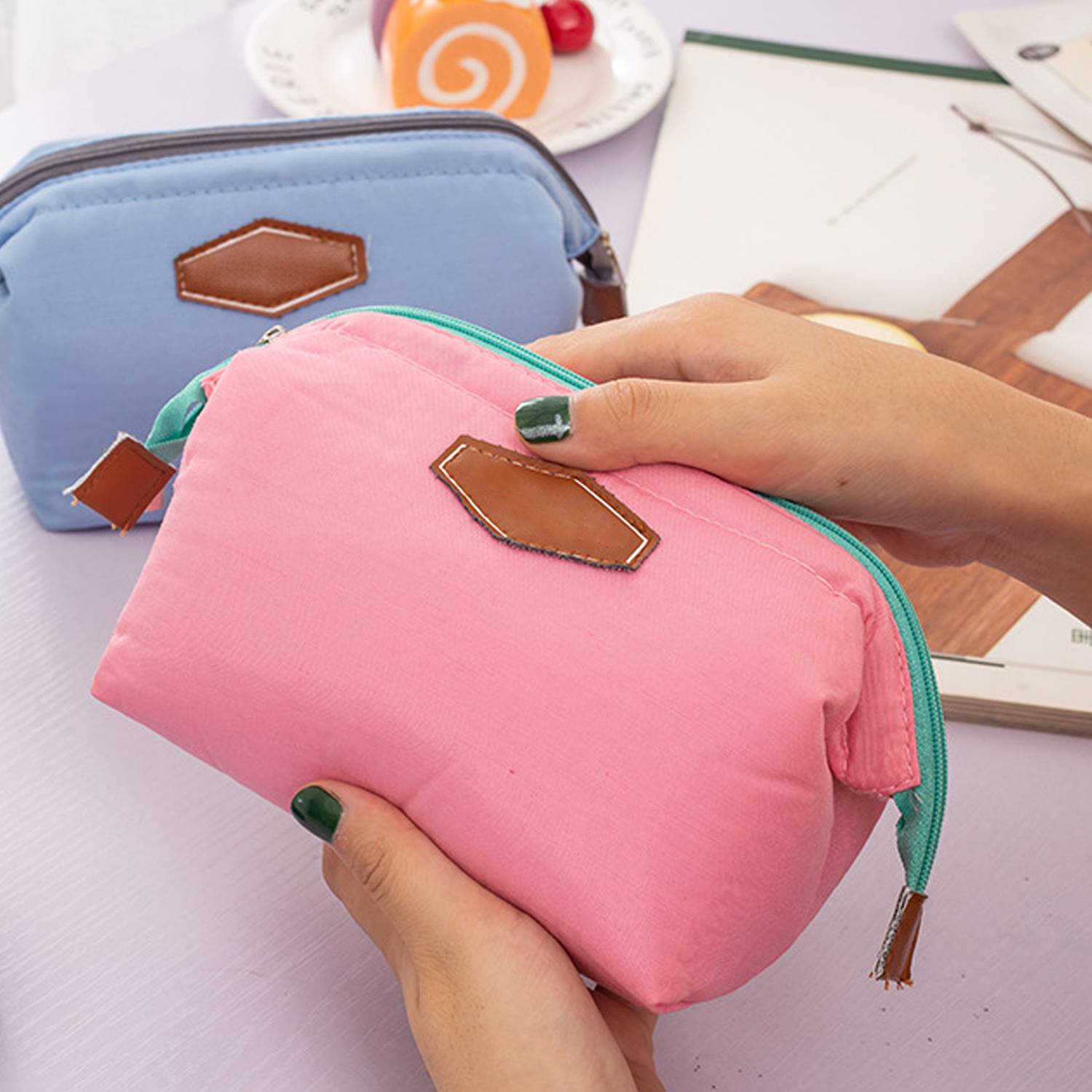 Portable Business Travel Double Zipper Cotton Cosmetic Bag 4