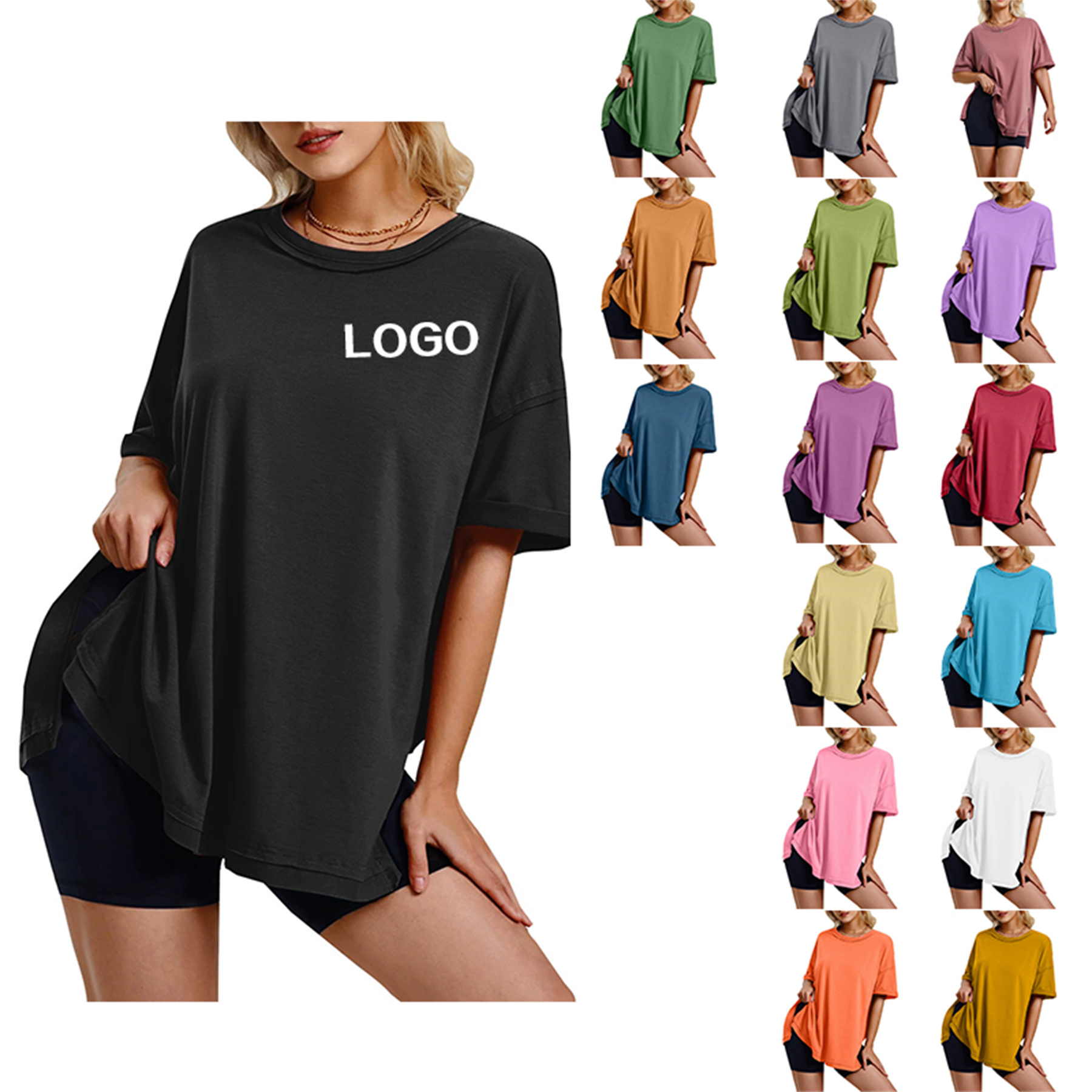 Solid color cotton round neck side slit loose T Shirt 8