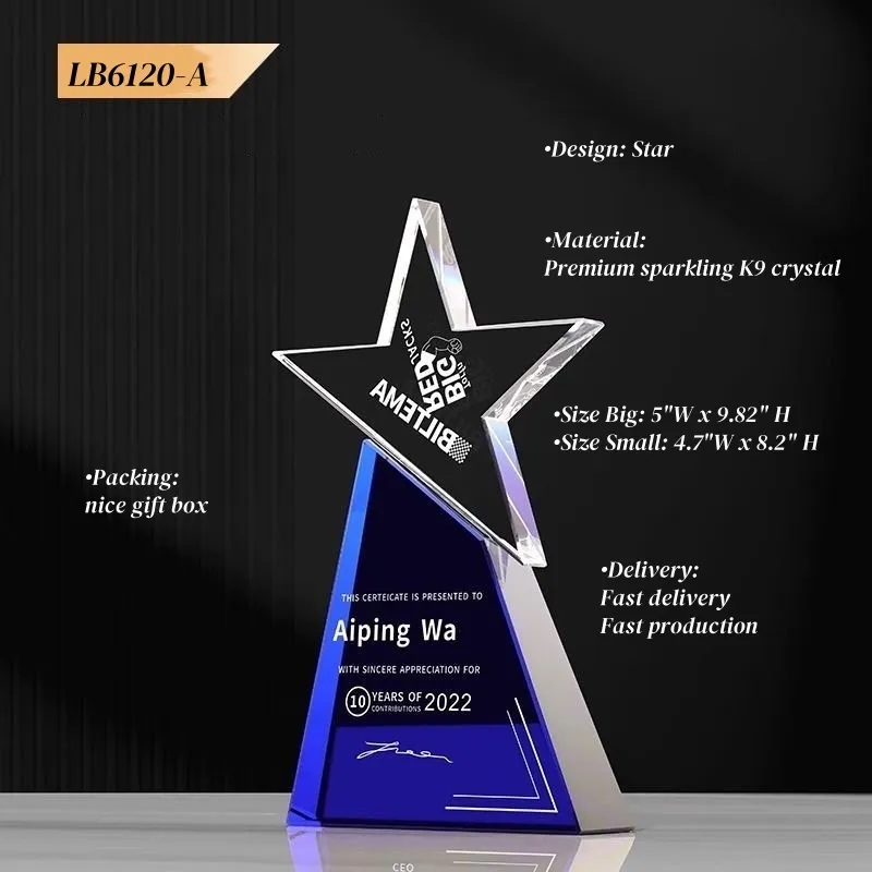 Engraved Star Crystal Trophy Award Custom 3