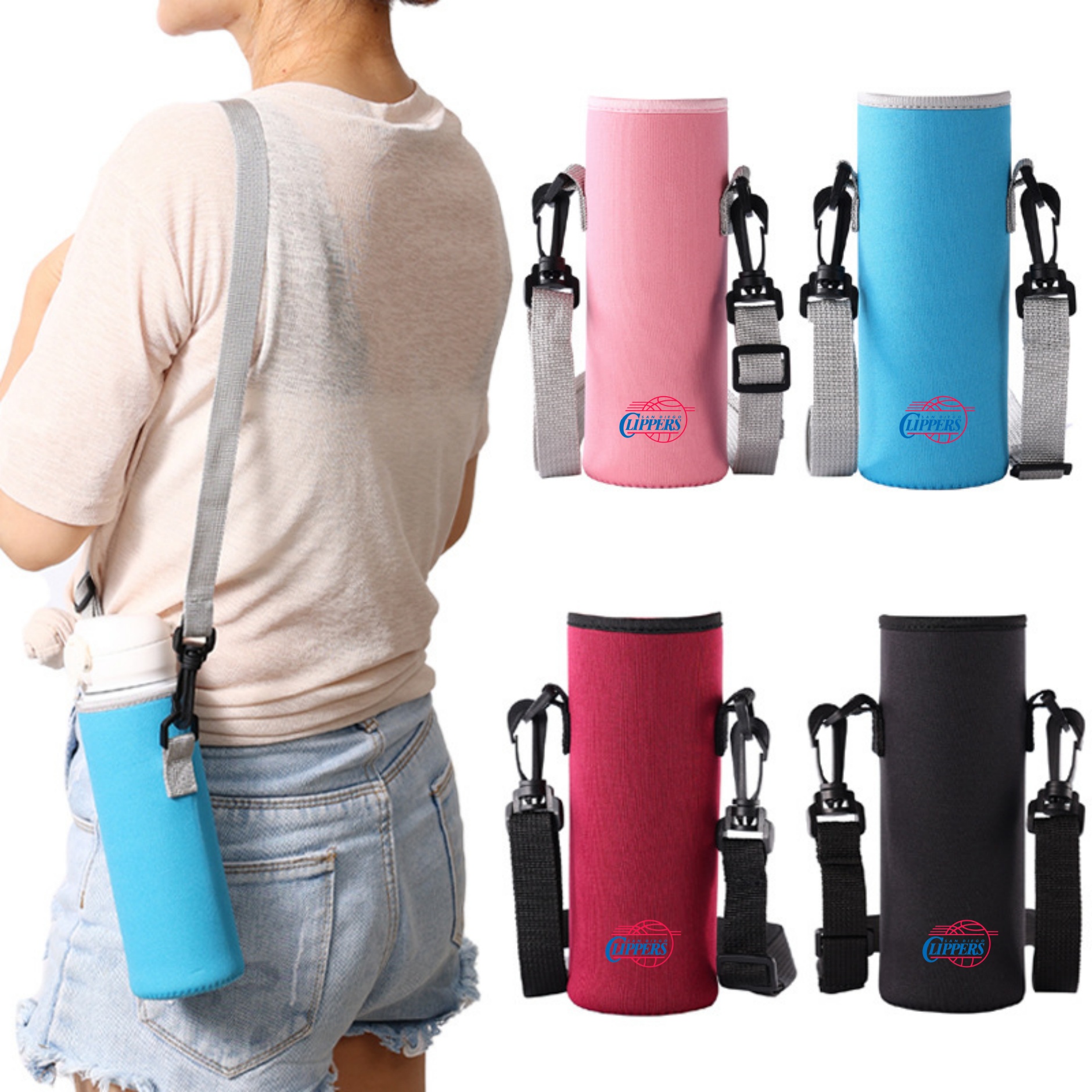 Neoprene Water Bottle Sleeve with Shoulder Strap, custom koozie with logo imprint 4