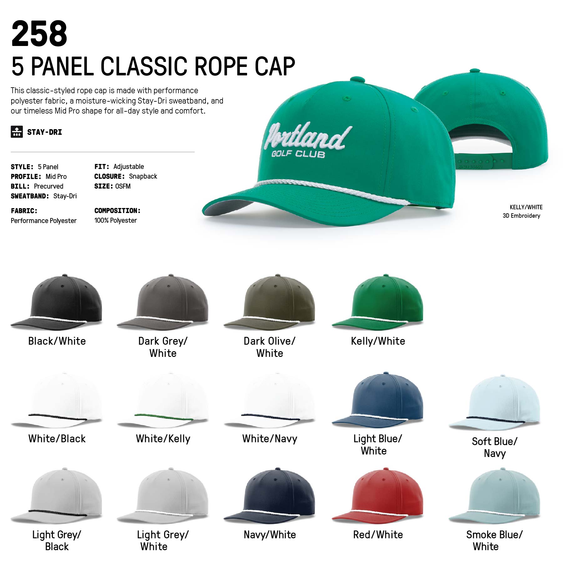 Richardson #258 Five Panel Rope Cap w/Leatherette Adhesive Patches or Embroidery 2