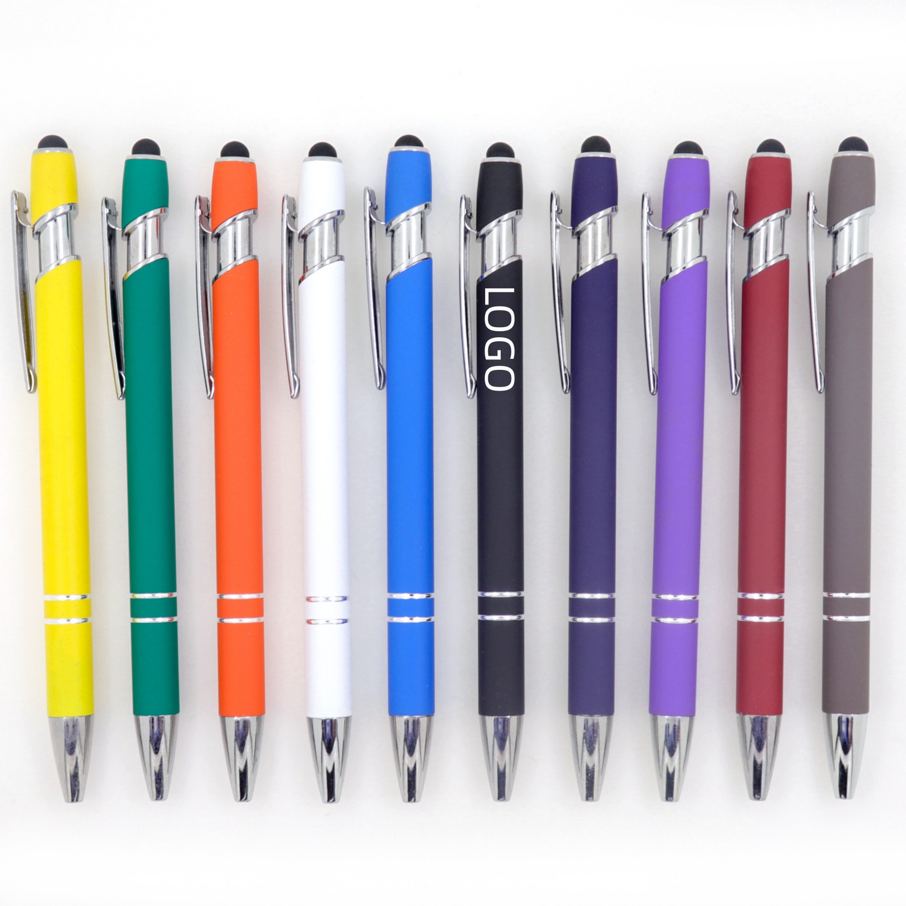 Rainbow Rubberized Soft Touch Ballpoint Pen with Stylus Tip a stylish 1