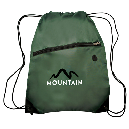 Polyester 210D Drawstring Bag w/ Zippered Pocket - 13.5"W x 8