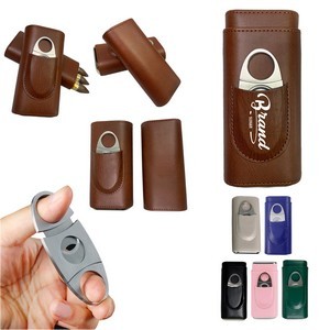 3 Finger Leather Cedar Wood Lined Cigar Case with Cutter 4