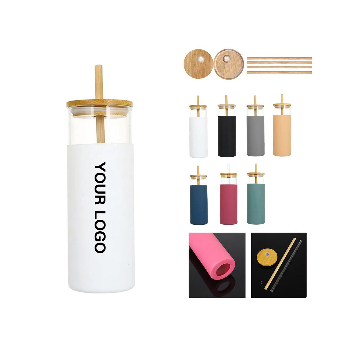 17 oz Glass Tumbler with Wooden Lid and Straw 3
