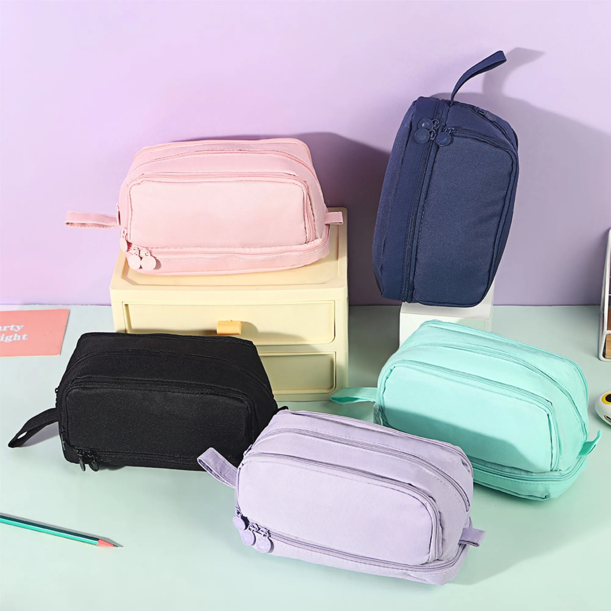 Three Layer Zipper Pen Case Pencil Pouch Stationery Bag 3