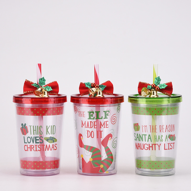 Christmas Double Layer Plastic Straw Water Cup 2