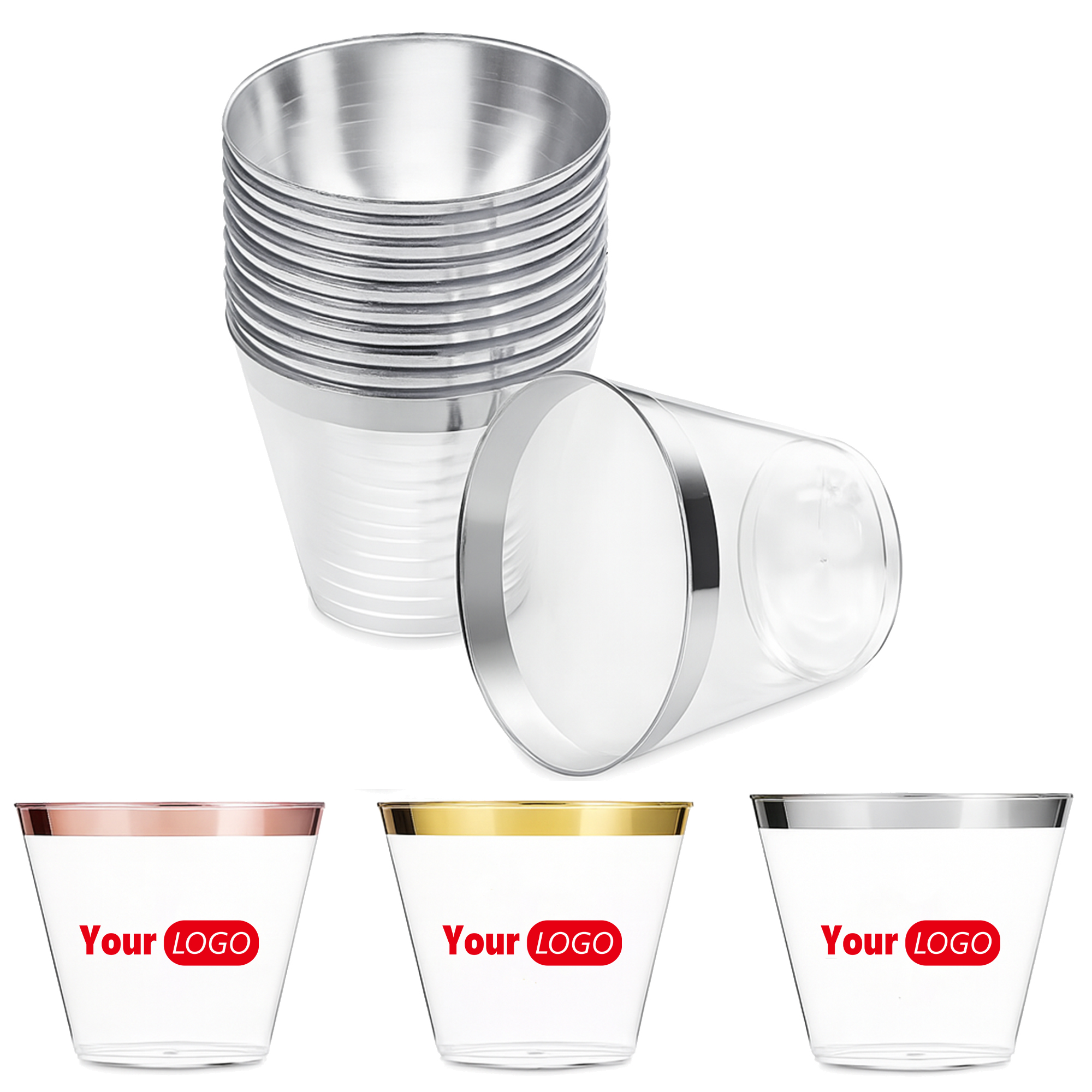 9 Oz Customizable Clear Plastic Cups with Metallic Rim 3