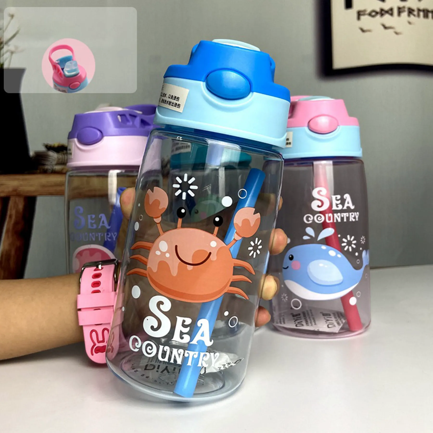 16 Oz. Cartoon Plastic Water Bottle with Straw 12