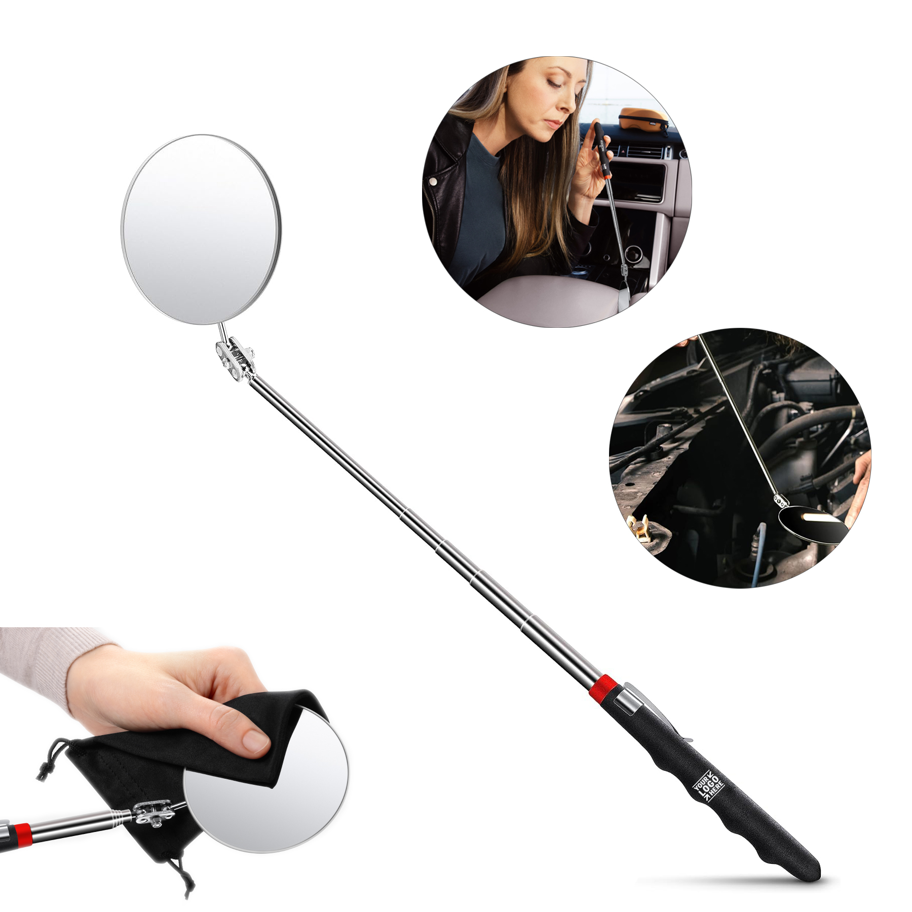 Heavy Duty Telescoping 3.23 Inch Round Extendable Inspection Mirror Stick Up to 30in with Pouch 2