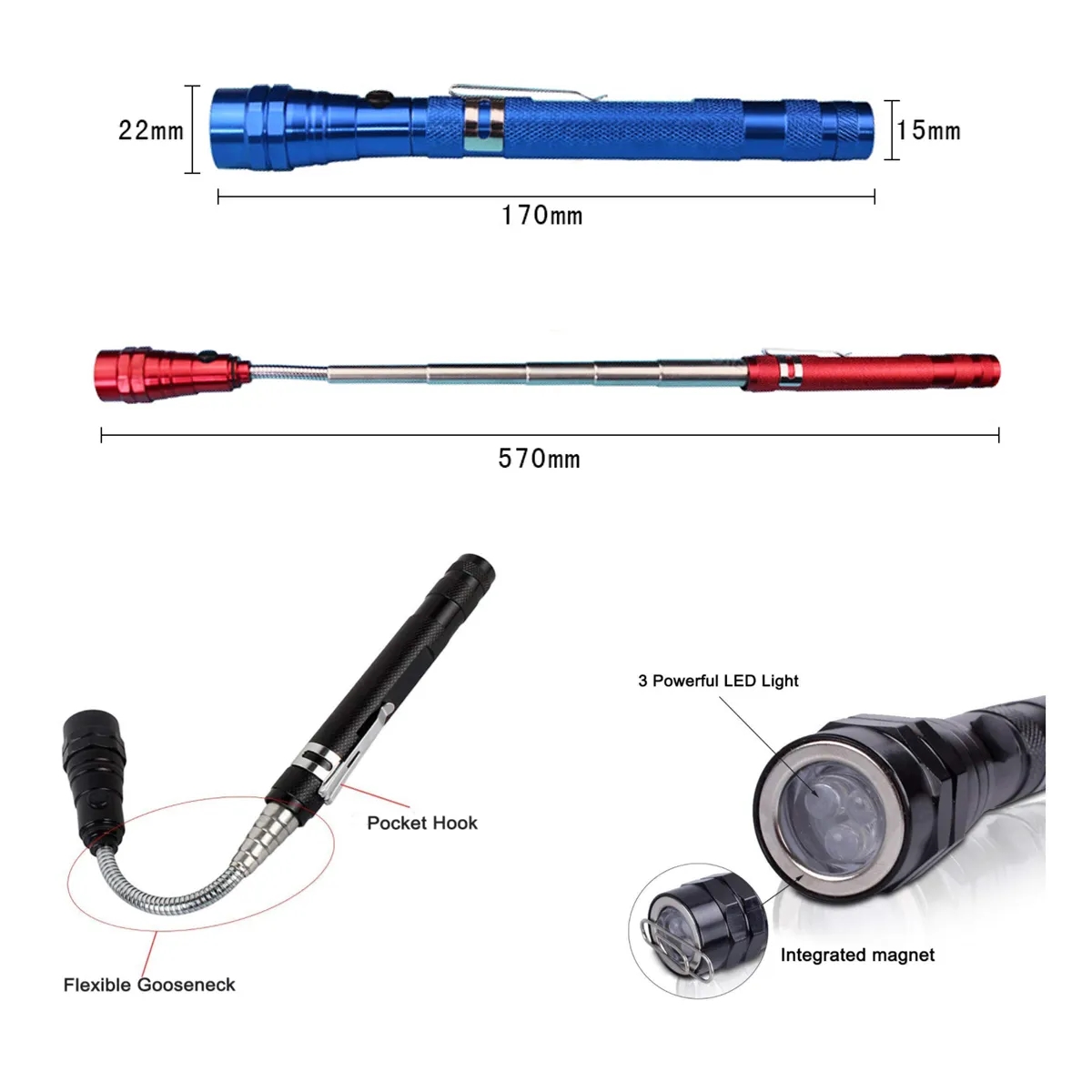 LED Telescopic Extensible Double Magnetic Flashlight 3