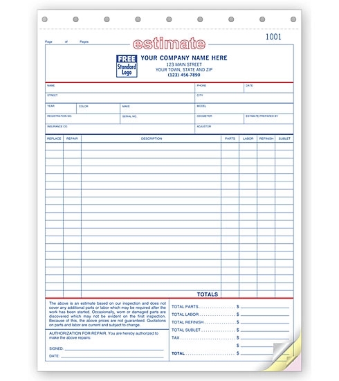 Auto Repair Estimates, Large Carbonless 3