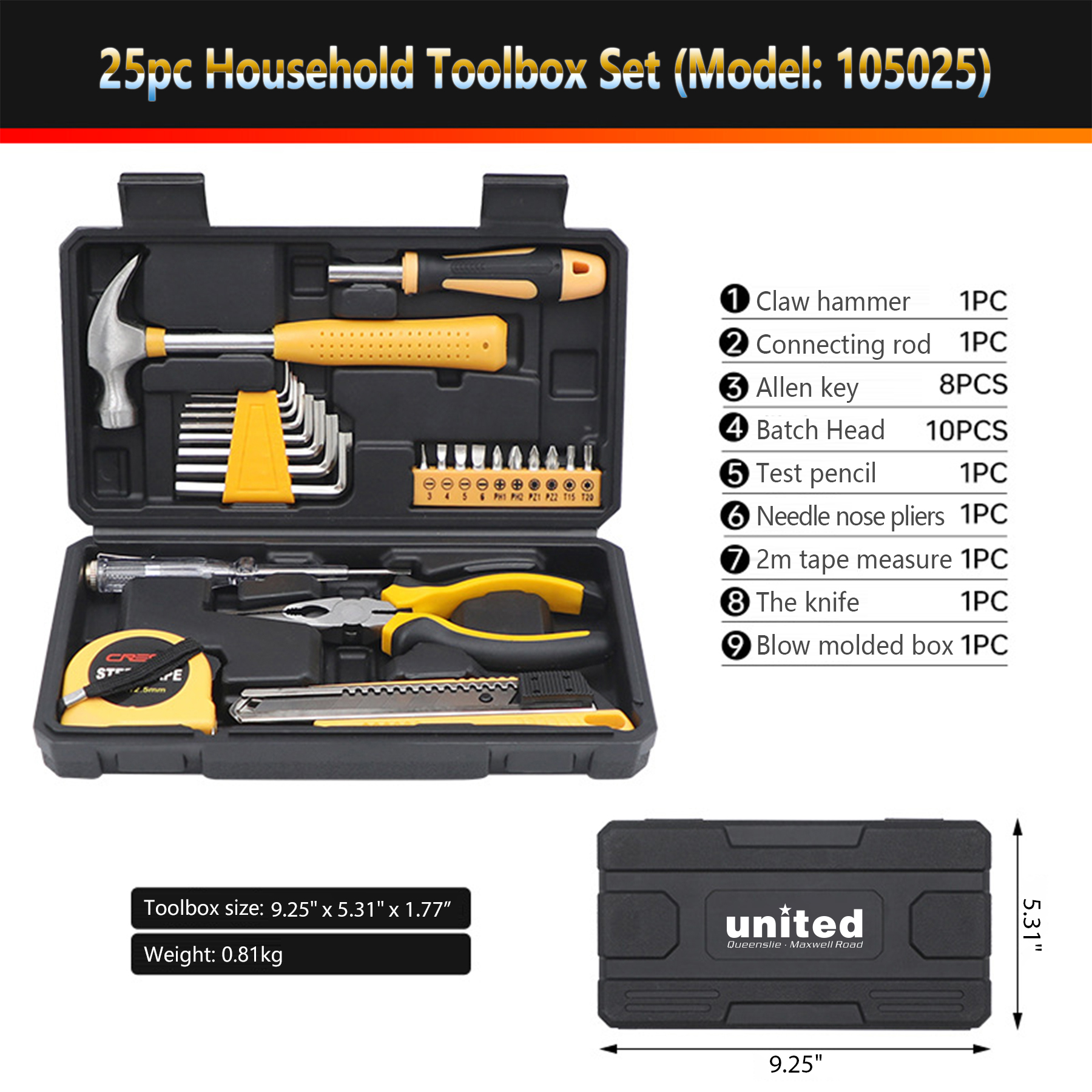 HandyPro 25pc Household Toolbox Set with Hammer, Screwdrivers, and Pliers 8
