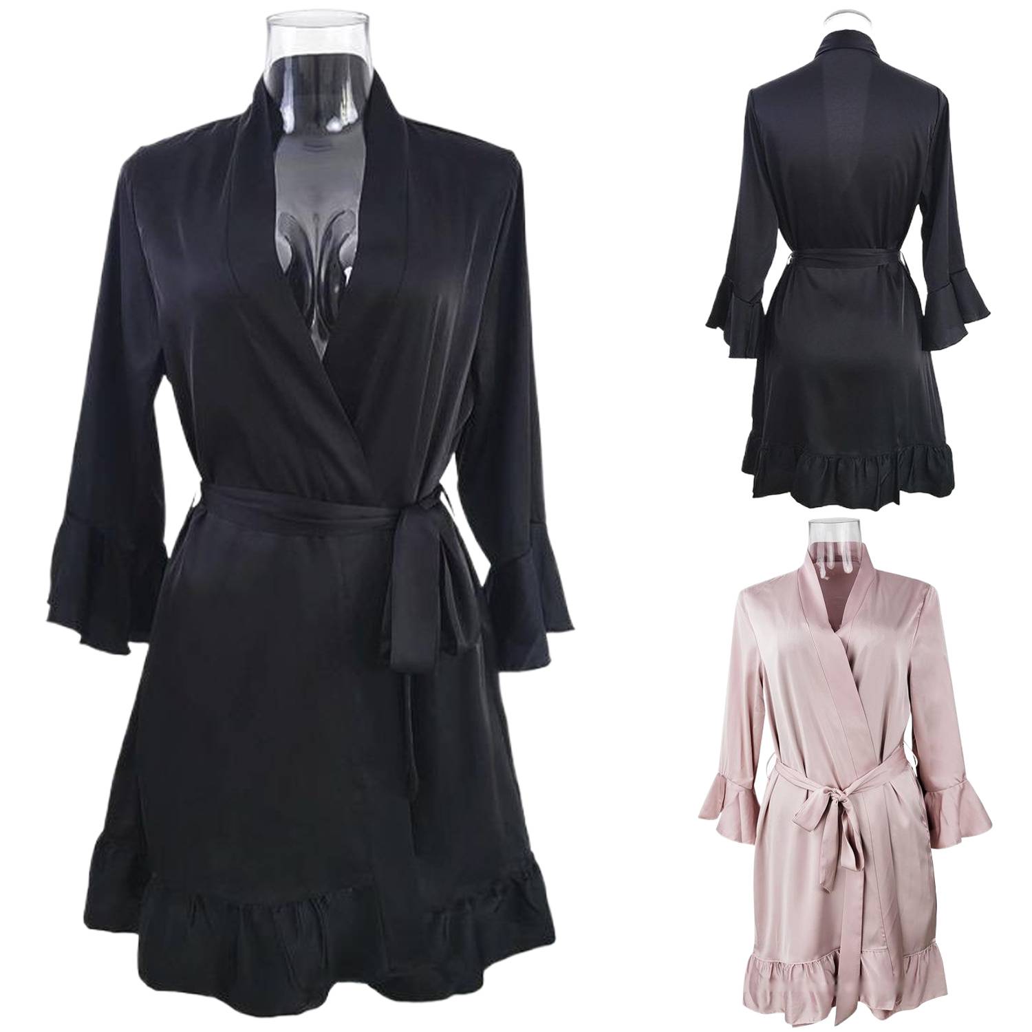 Women Polyester Flounced Hem Robe 6