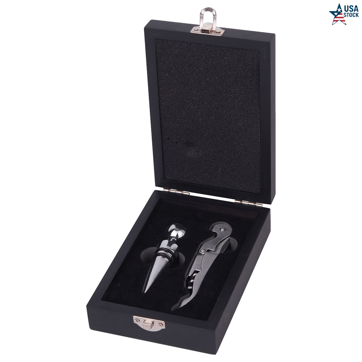 WineVault Veneto Wine Gift Set with Wine Opener, Stopper and Black Wooden Case 1
