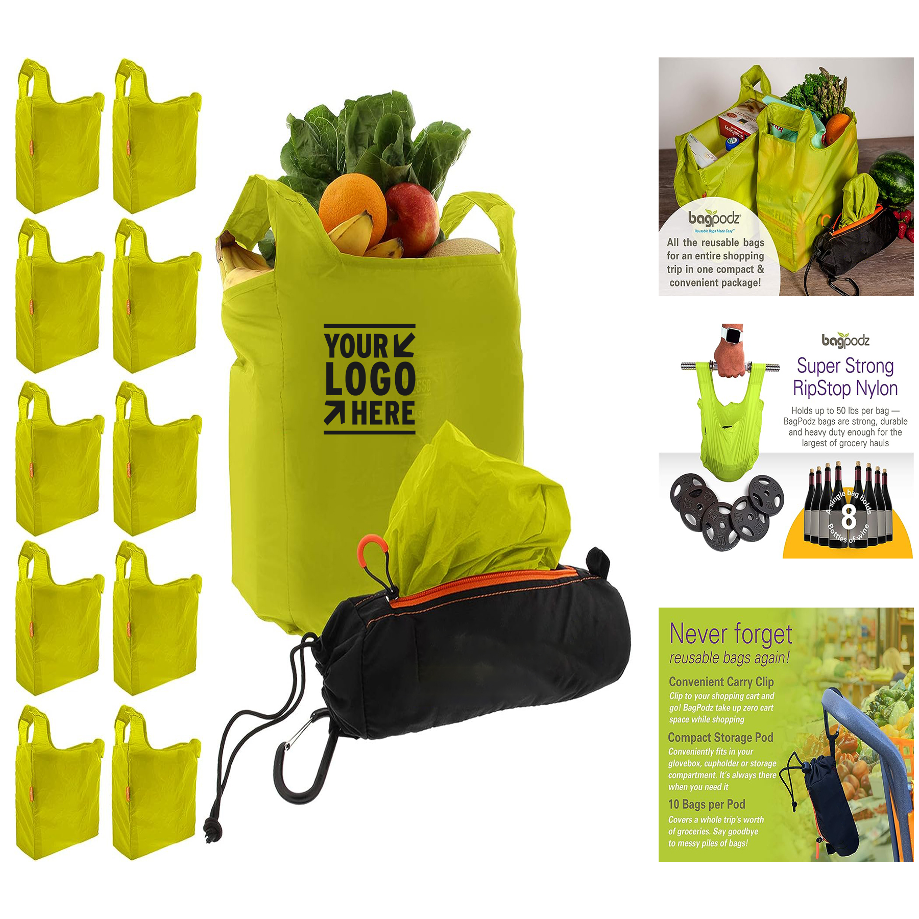 Hold 50lbs Heavy Duty Reusable Shopping Bag Washable Grocery Inside Compact Pod with Carry Clip