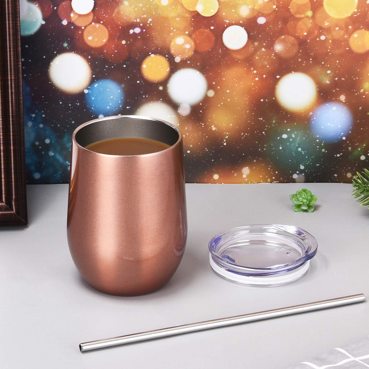 12 OZ Wine Stainless Steel Stemless Double Wall Vacuum Glasses Thermal Tumbler/ Straw Holes 3