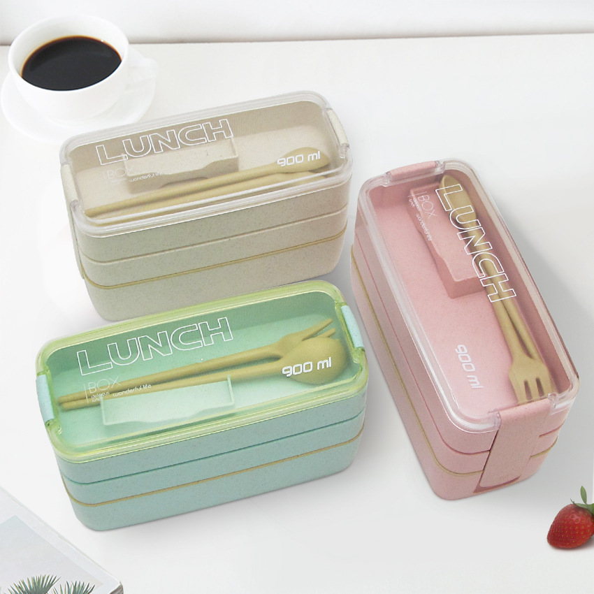 Three Layers Outdoor Picnic Wheat Plastic Bento Box 9