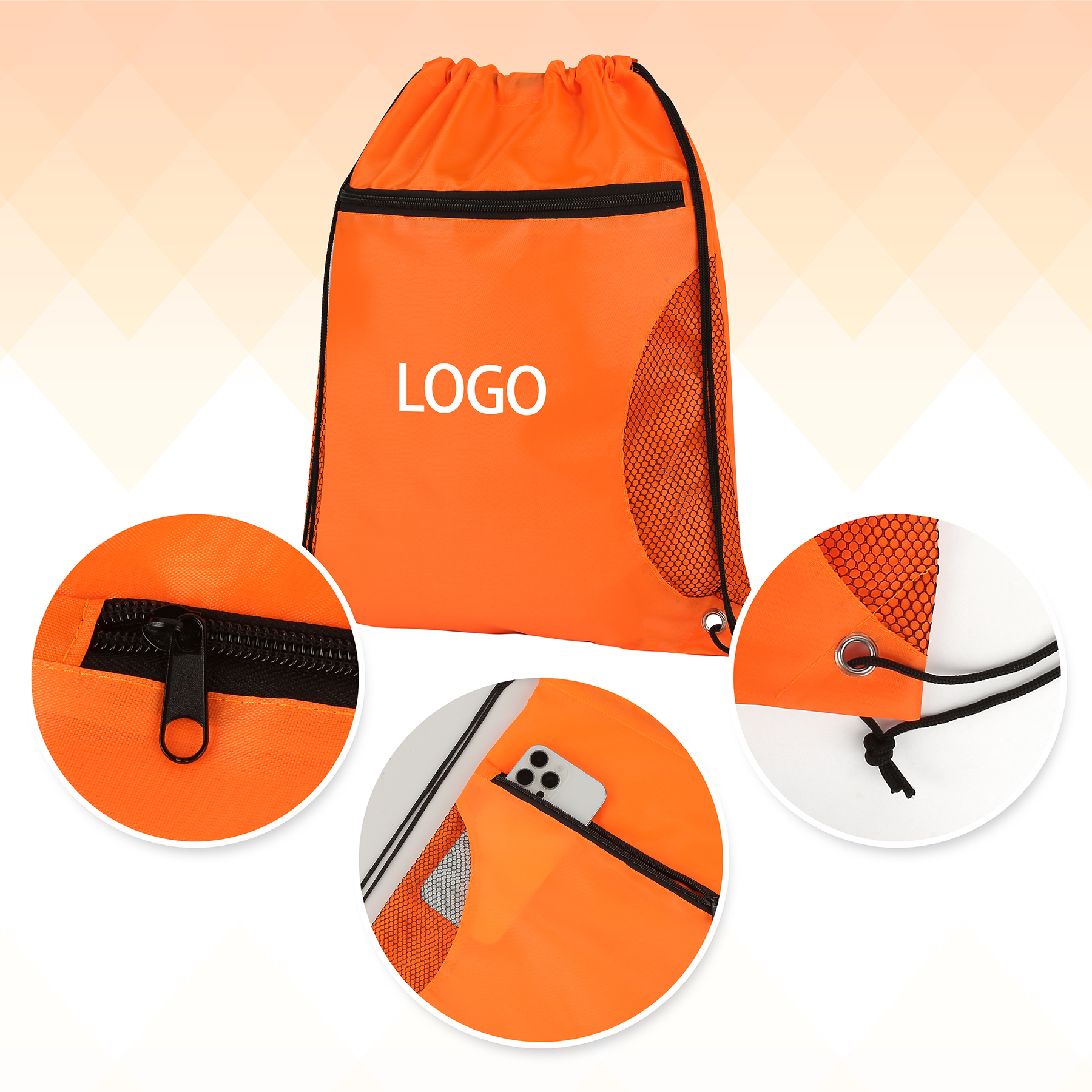 Drawstring Sports Backpack With Mesh-Sided Front Zipper Pocket 6