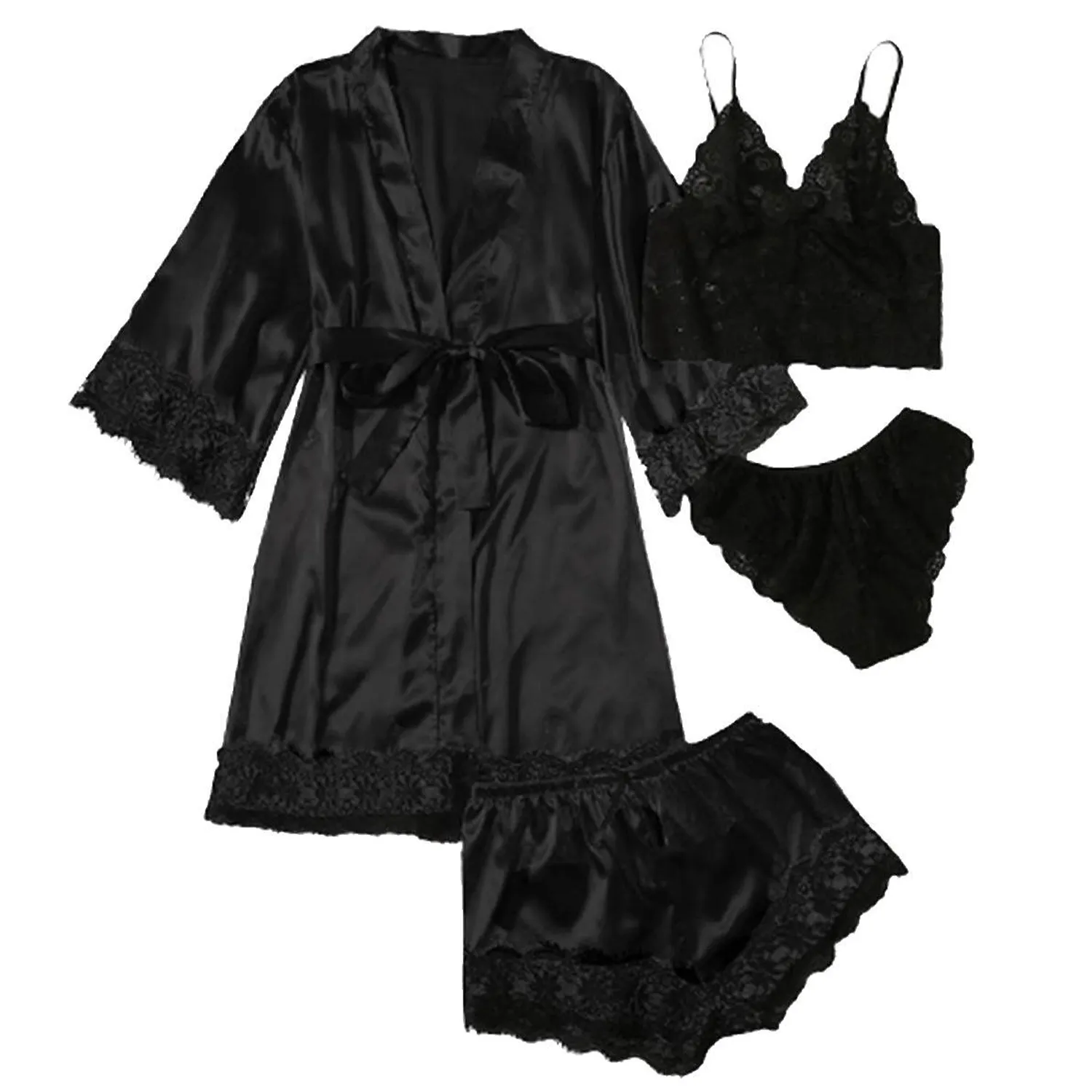 4-Piece Women Silk Soft Lace Satin Pajama Set 6