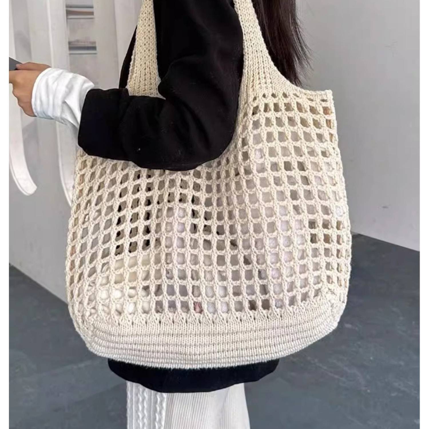 Women's Foldable Crocheted Polyester Travel Tote Bag 5