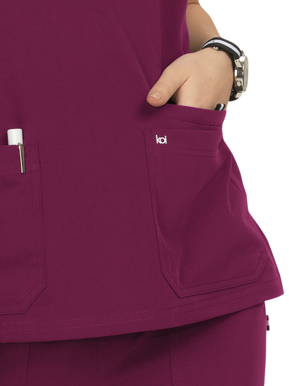 koi - Next Gen - Women's Three-Pocket Wide V-Neck Stretch Hustle and Heart Top 13