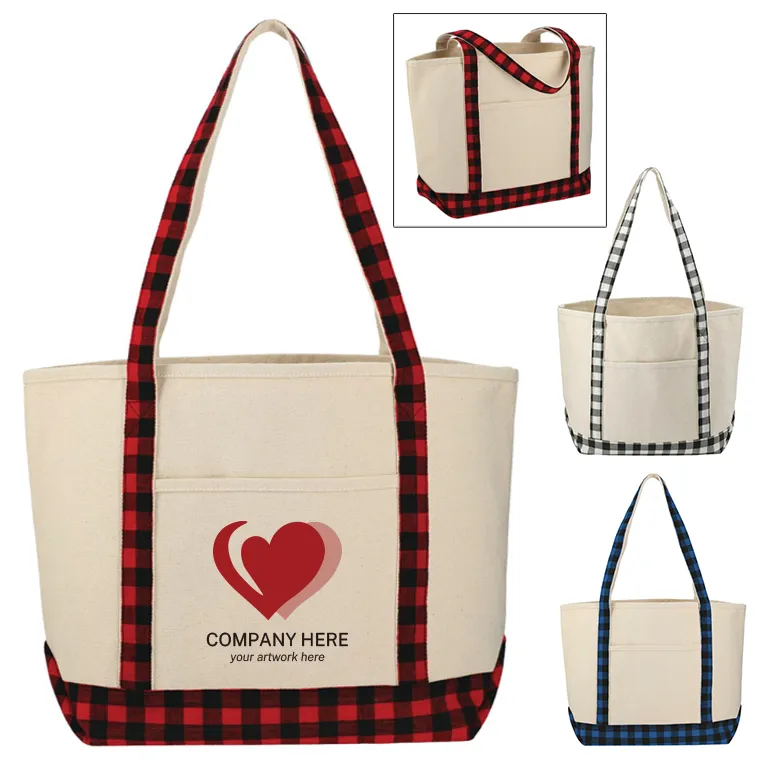 Plaid Cotton Boat Tote, custom tote bag with logo imprint 3