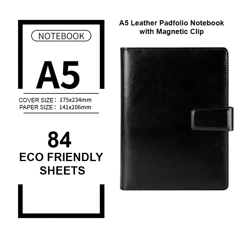 A5 Leather Padfolio Notebook with Magnetic Clip 1