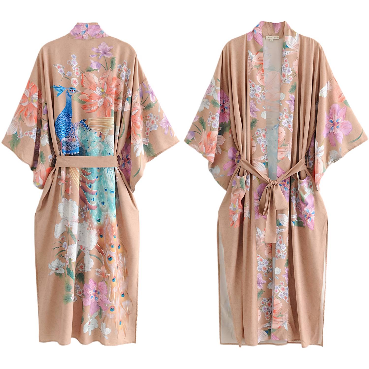 Summer Polyester Peacock Floral Print Kimono Robe 8
