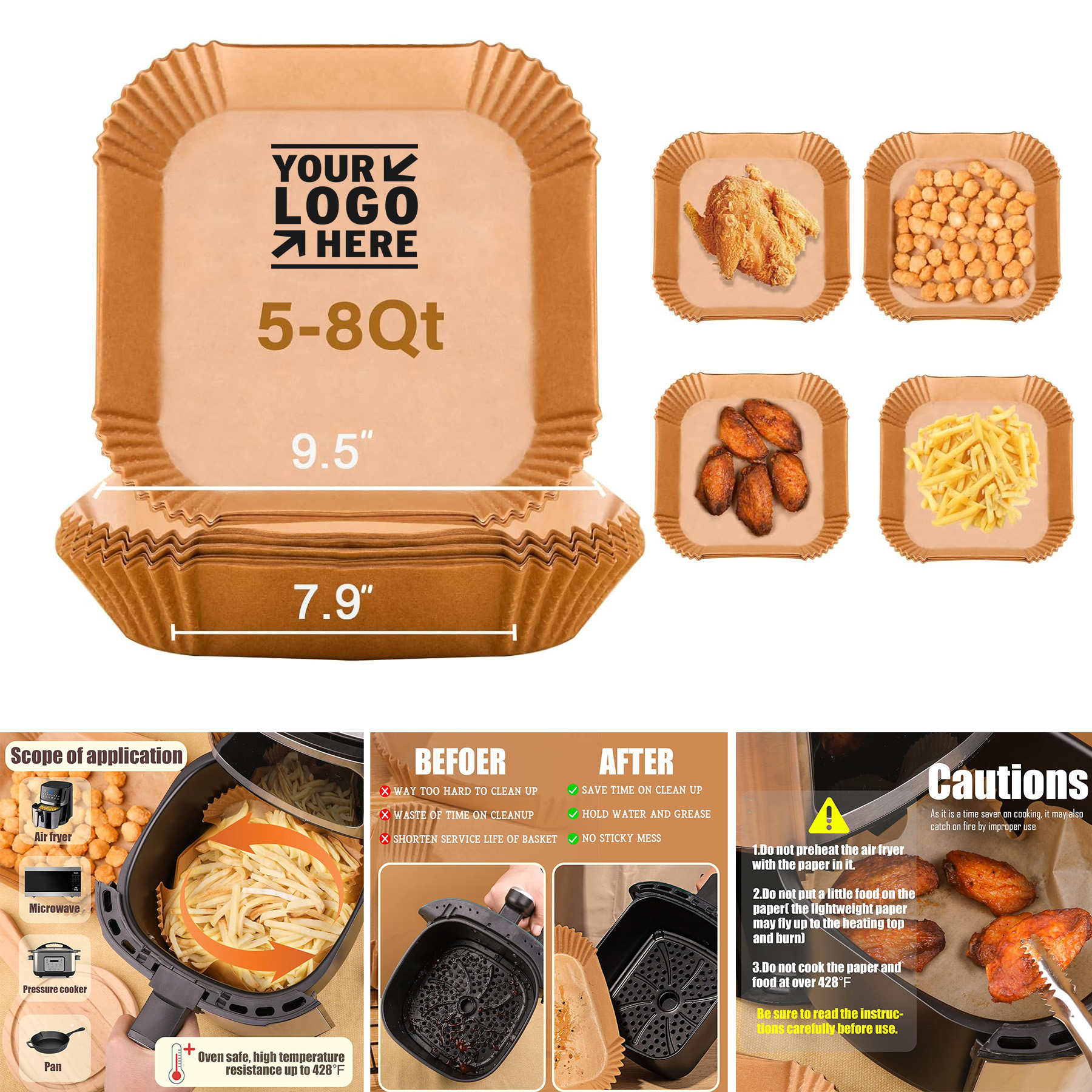 5 to 8 Qt Air Fryer Basket Disposable 7.9 Inch Square Non-stick Oil-proof Parchment Paper Liner 2