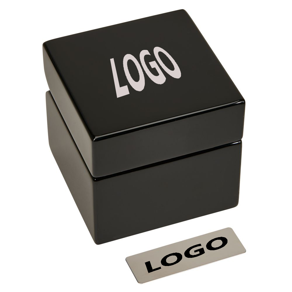 Piano Finished Black Square Wood Box withBrass Compass & Clock 1