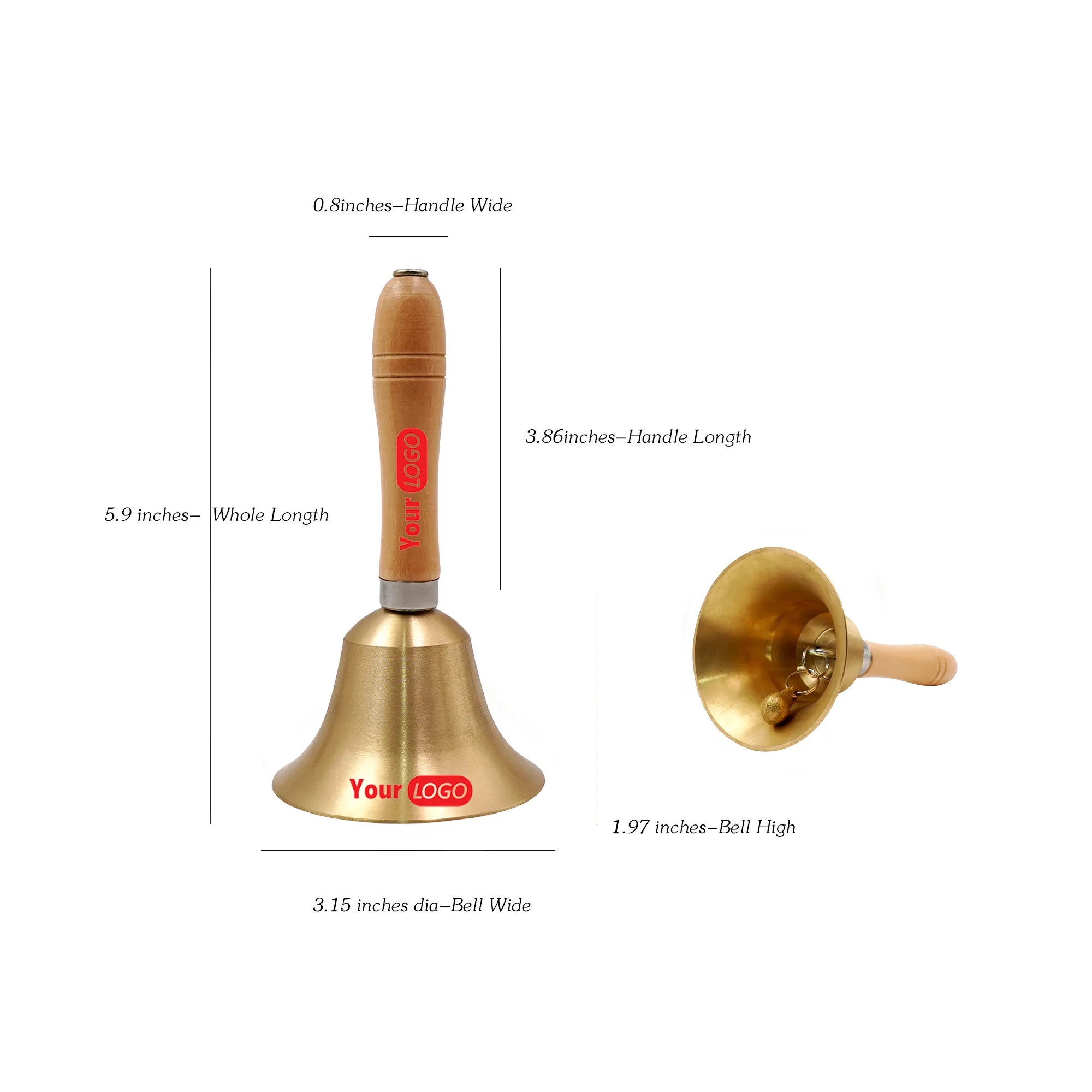 Laser Engraved Logo Solid Gold Brass Hand Call Bell 2
