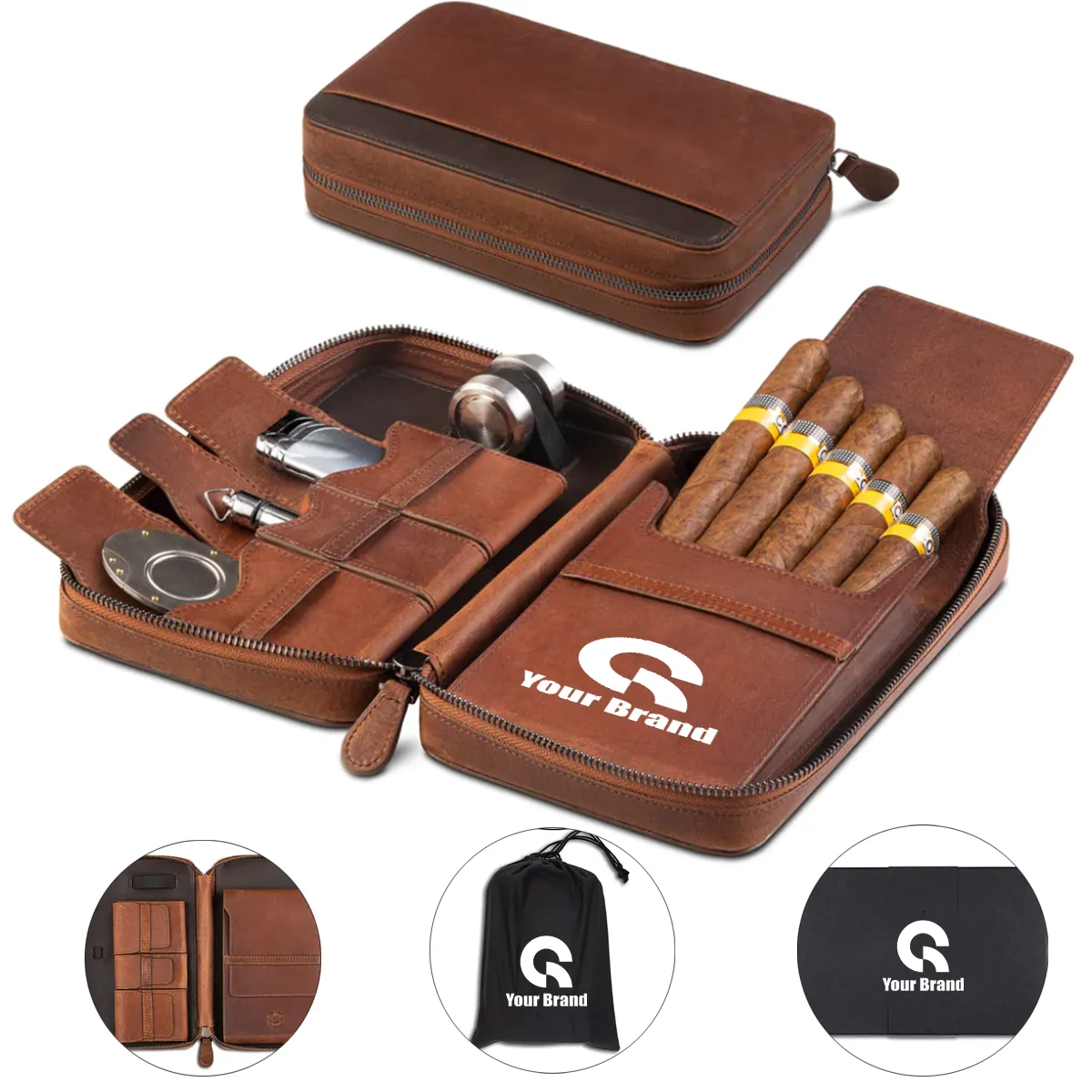 Leather  Portable Zippered Cigar Case 3