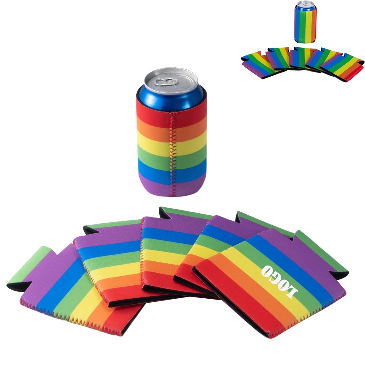 Neoprene Rainbow Can Cooler Sleeve, custom koozie with logo imprint 2