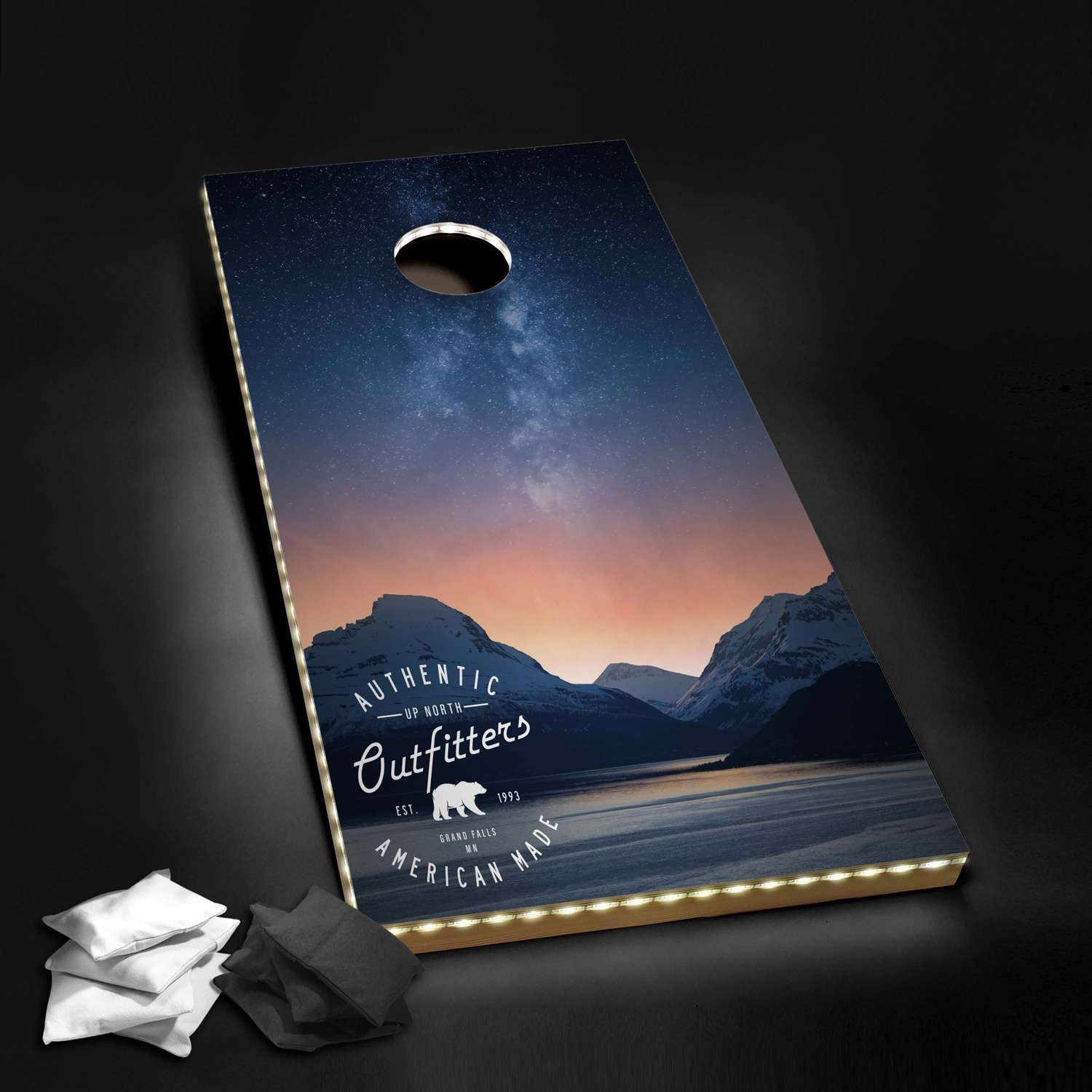 Nighttime Cornhole, 4 Black & White Bean Bags