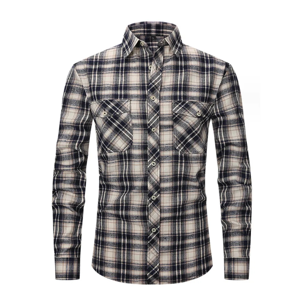 Brushed Plaid Shirt Long Sleeves Double Pockets 2