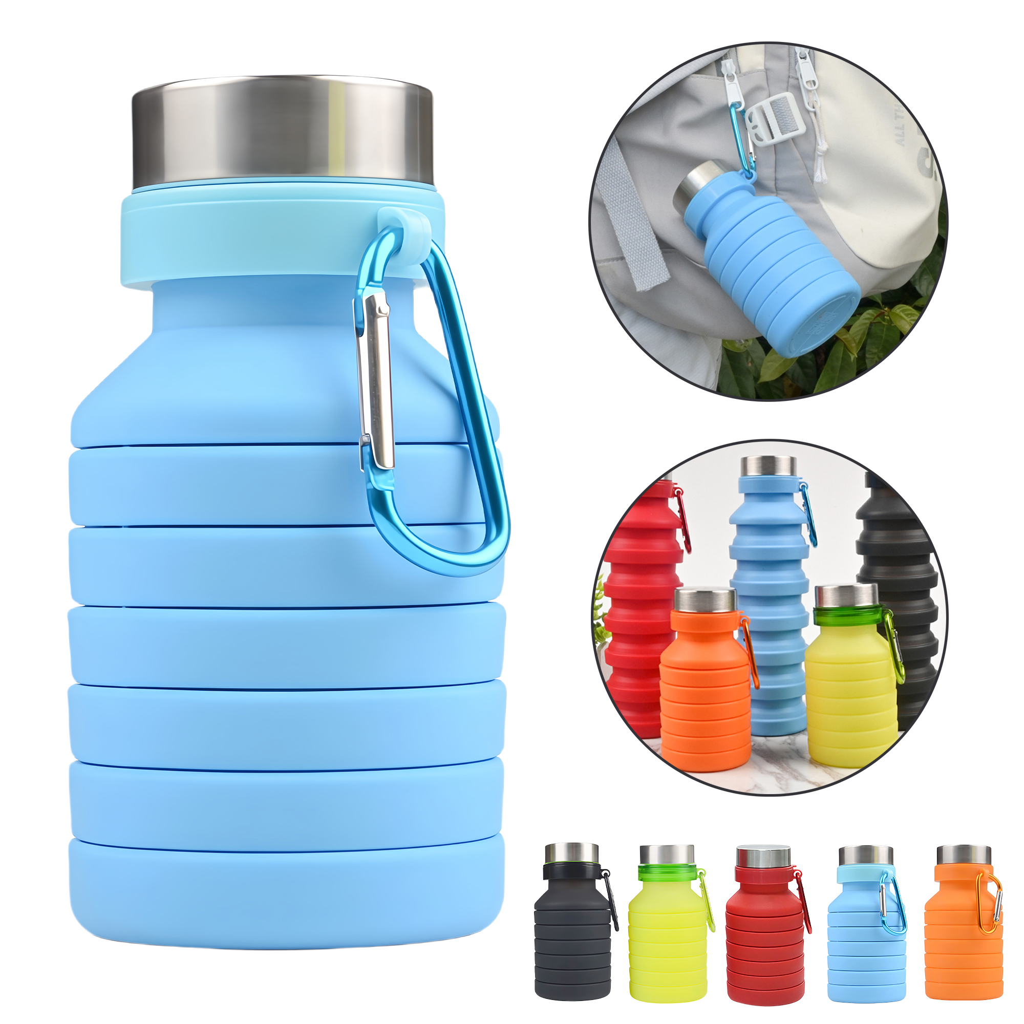 18 Oz Collapsible Silicone Sports Water Bottle with Carabiner 7