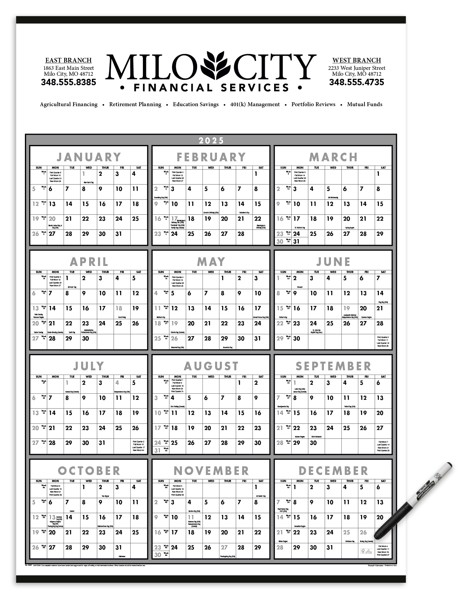 Triumph® Calendars Black & White Span-A-Year Laminated w/Marker Calendar 1