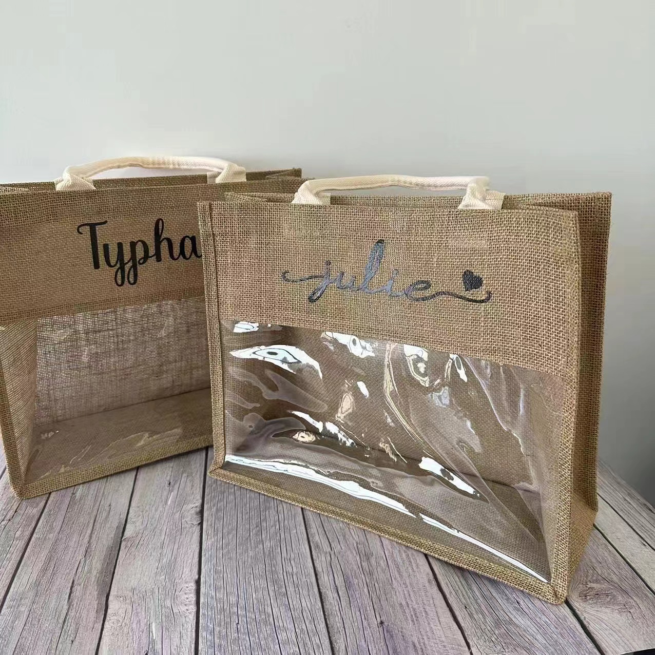 Jute Eco-Friendly Tote With Clear Panel, custom tote bag with logo imprint 2