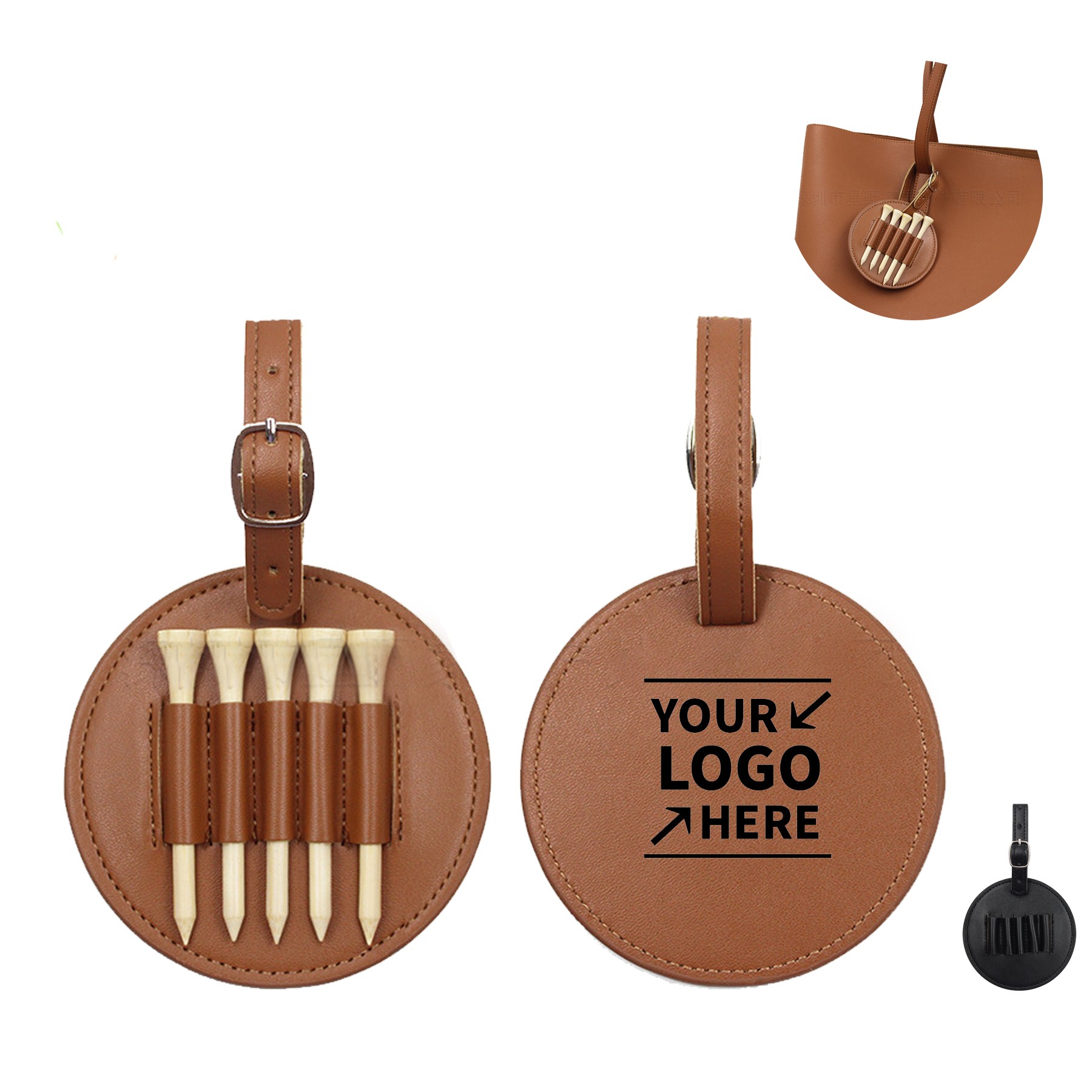 PU Leather Mini Golf Tee Holder w/Ring Buckle
